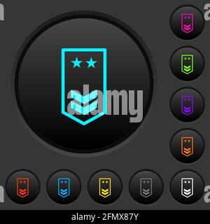 military insignia with two chevrons and two stars dark push buttons with vivid color icons on dark grey background Stock Vector