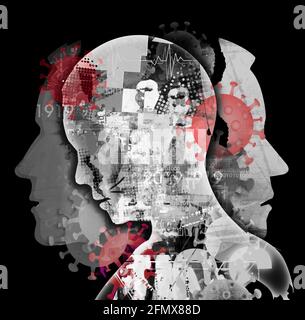 Coronavirus, human tragedy, traumatized sick people. Stylized male heads, composition of silhouettes shown in profile. Expressive Illustration. Stock Photo