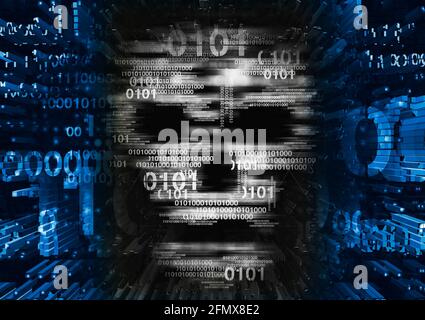 Skull,Hacker,Computer virus concept. Illustration of Abstract Skull sign with blue binary code. Web Hacking. Online piracy concept. Stock Photo