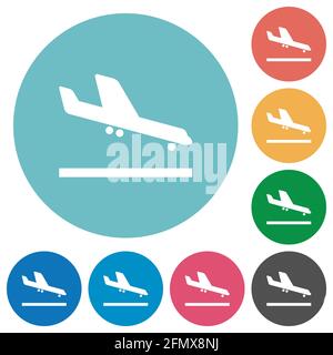 Airplane landing flat white icons on round color backgrounds. 6 bonus ...