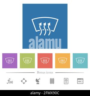 Windshield defrost flat white icons in square backgrounds. 6 bonus icons included. Stock Vector