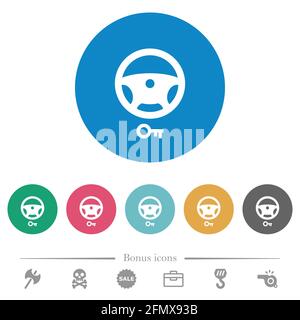 Steering lock flat white icons on round color backgrounds. 6 bonus icons included. Stock Vector