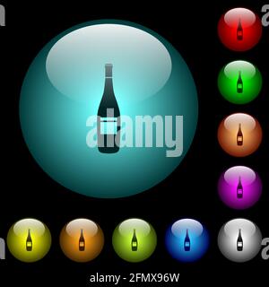Wine bottle with grapes icons in color illuminated spherical glass buttons on black background. Can be used to black or dark templates Stock Vector