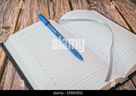 Blank diary pages and ballpoint pen Stock Photo