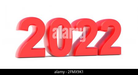2022 New Year success wishes. Red big number isolated on white background, Shiny digits as business greeting card, sign. 3d illustration
