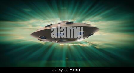 Science Fiction, UFO allien concept. Unidentified Flying Object isolated on green sky background, Extraterrestrial spaceship with beams of light, myst Stock Photo