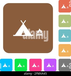 Camping flat icons on rounded square vivid color backgrounds. Stock Vector