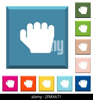 Right handed grab gesture white icons on edged square buttons in various trendy colors Stock Vector