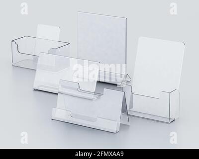 Plexiglass acryclic brochure hoders isolated on white background. 3D illustration. Stock Photo