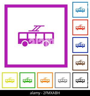Trolley bus flat color icons in square frames on white background Stock Vector