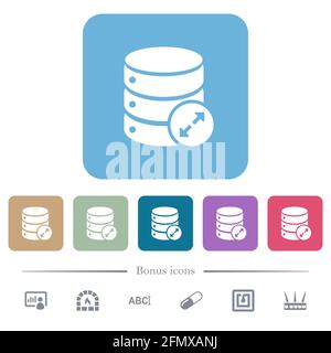 Expand database white flat icons on color rounded square backgrounds. 6 bonus icons included Stock Vector