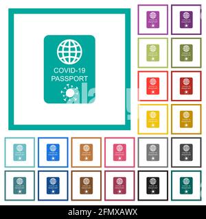 Covid-19 passport flat color icons with quadrant frames on white background Stock Vector
