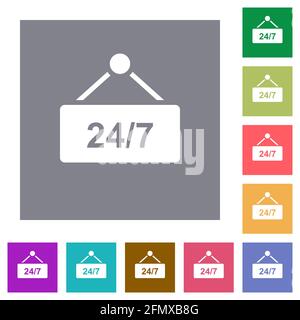 hanging table with 24h seven days a week flat icons on simple color square backgrounds Stock Vector