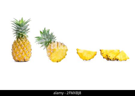 Collection of sliced pineapples and pineapple isolated on white background Stock Photo