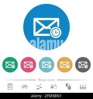 Queued mail flat white icons on round color backgrounds. 6 bonus icons included. Stock Vector