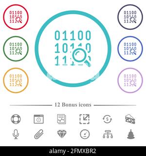 Code analysis flat color icons in circle shape outlines. 12 bonus icons included. Stock Vector