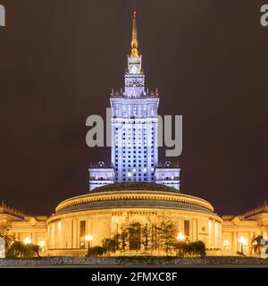 Palace of Culture and Science and Congress Hall at night, Warsaw, Poland Stock Photo