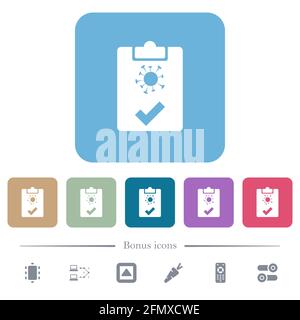 Covid test passed white flat icons on color rounded square backgrounds. 6 bonus icons included Stock Vector