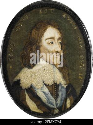 17th Century needlework portrait of Charles I (1600–1649), King of England, portrait miniature after an engraving by Wenceslaus Hollar, 1650-1670