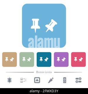 Toggle pin white flat icons on color rounded square backgrounds. 6 bonus icons included Stock Vector