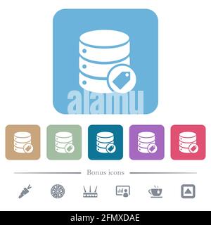 Database tag white flat icons on color rounded square backgrounds. 6 bonus icons included Stock Vector