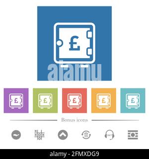 Pound strong box flat white icons in square backgrounds. 6 bonus icons included. Stock Vector