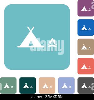 Camping white flat icons on color rounded square backgrounds Stock Vector