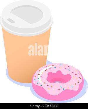 Isolated pink donut with icing and a cup of coffee on a white background. Vector isometric illustration. Stock Vector
