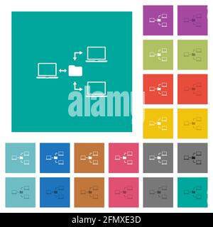 Network file system multi colored flat icons on plain square backgrounds. Included white and darker icon variations for hover or active effects. Stock Vector