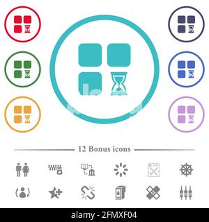 Component waiting flat color icons in circle shape outlines. 12 bonus icons included. Stock Vector