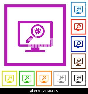 Virus scanning on computer flat color icons in square frames on white background Stock Vector