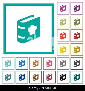 cookbook with chef hat flat color icons with quadrant frames on white background Stock Vector