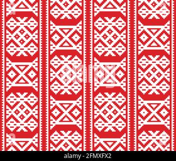 Christmas, winter vector seamless pattern, Scandinavian red and white folk art design, traditional cross-stitich background inspired by Sami people, L Stock Vector