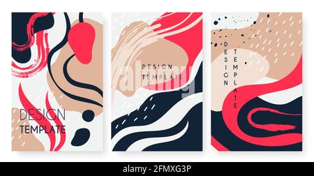 Abstract trendy minimal leaf, wavy lines vector illustration set. Minimal nature art posters red blue white black colors, vertical fashion modern template background for social stories, wall pictures Stock Vector