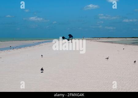 Kite surfer prepares his sail on the white sand beach in Holbox Island in Mexico during low tide. In the background the blue sky and the Caribbean Sea Stock Photo