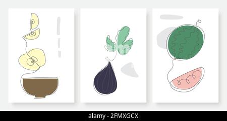Fruits, continuous single minimal line drawing art vector illustration set. Vegetarian food minimalist design wallpaper with half apple and slices, figs, watermelon decor, social media post template Stock Vector
