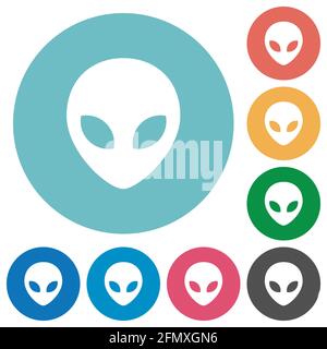 Alien head flat white icons on round color backgrounds Stock Vector
