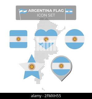 Argentina flag icons set in the shape of square, heart, circle, stars and pointer, map marker. Mosaic map of argentina. Argentine vector flat symbol Stock Vector