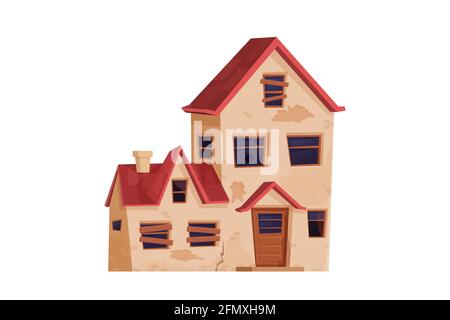 Old abandoned house, building in cartoon style isolated on white background. Broken property, wooden doors and windows with holes. Vector illustration Stock Vector