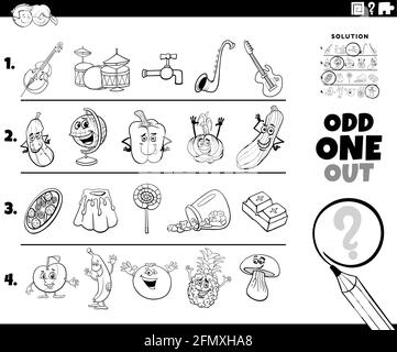 Black and White cartoon illustration of odd one out picture in a row educational task for elementary age or preschool children with comic characters c Stock Vector