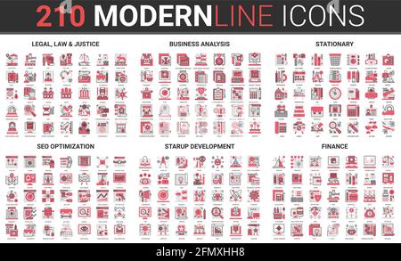 Business company development technology, financial startup thin red black line icon vector illustration set. Outline symbols for legal justice law, seo optimization, finance analysis collection Stock Vector
