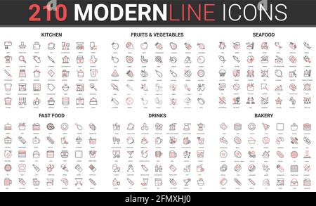 Kitchen household appliances for cooking, fruit vegetable, fresh seafood and fastfood thin red black line icon vector illustration set. Linear food drink menu for grocery store, bakery shop or cafe Stock Vector