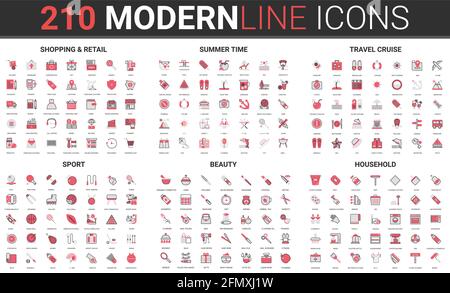 Travel vacation summer cruise, beauty fashion style and retail shopping thin red black line icon vector illustration set. Linear collection of sport objects for exercises, tools for household work Stock Vector