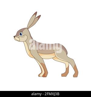 The European hare, also known as the brown hare, standing. Gray fluffy fur, long ears, big blue eyes. Scene from wild. Cartoon character vector flat Stock Vector