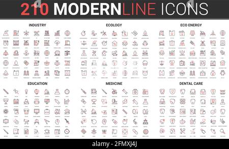 Eco sustainable renewable energy, ecology technology for power industry line icon vector illustration set. Red black thin linear symbols for dental care dentistry medicine, modern learning education Stock Vector