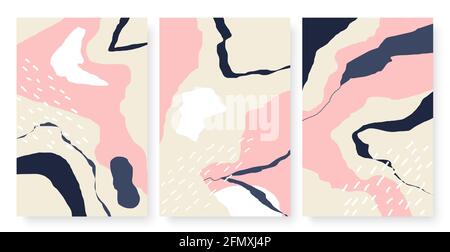 Contemporary abstract minimalistic pattern with stripes, cracks shapes vector illustration set. Trendy minimal abstraction collage for art wall design, vertical fashion modern template background Stock Vector