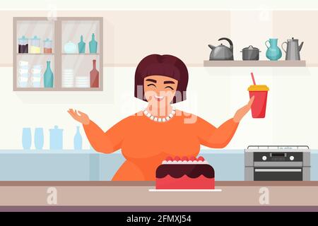 Cakes making process, confectionery vector illustration. Cartoon woman confectioner character cooking homemade cake, sweet chocolate dessert with cream in interior of modern kitchen background Stock Vector