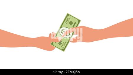 Human hand holds a dollar bill, the other hand takes a bill. One hand gives money to the other. Vector background in flat style. Financial concept. Stock Vector