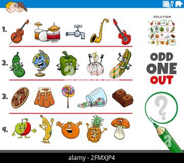 Cartoon illustration of odd one out picture in a row educational task for elementary age or preschool children with comic characters Stock Vector