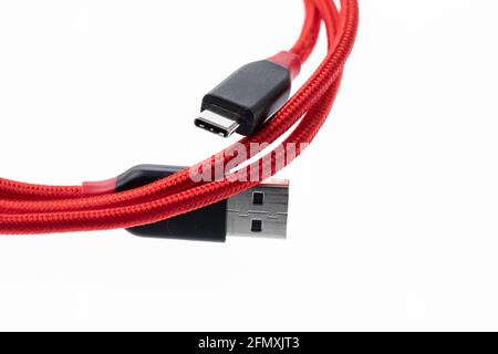 Usb type c cable in red color Stock Photo